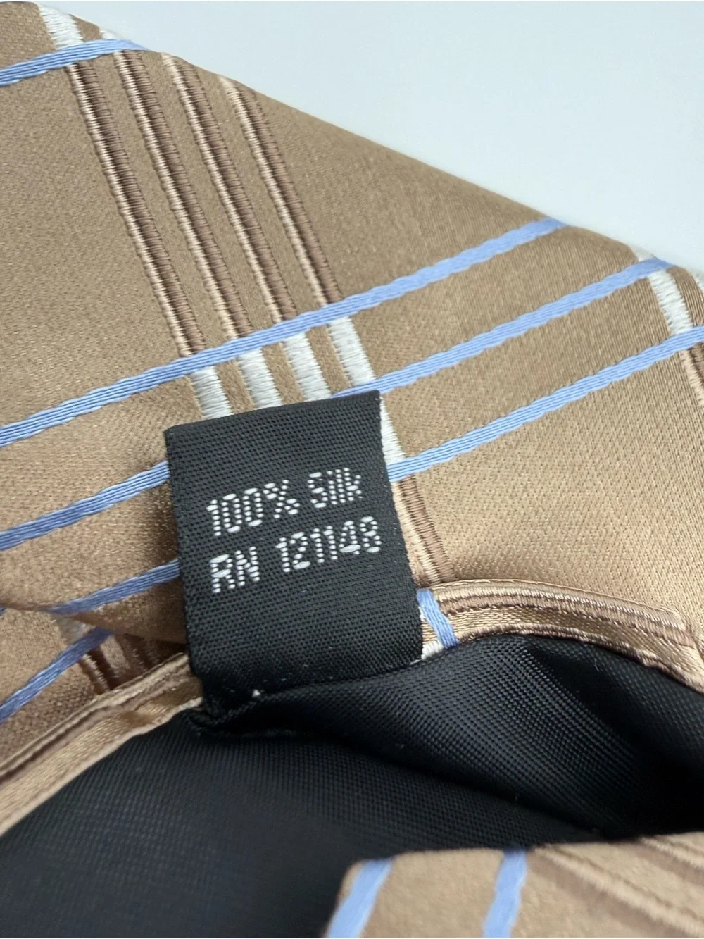 Michael Kors Mens Silk Necktie Taupe Brown Blue Plaid Check Satin Tie